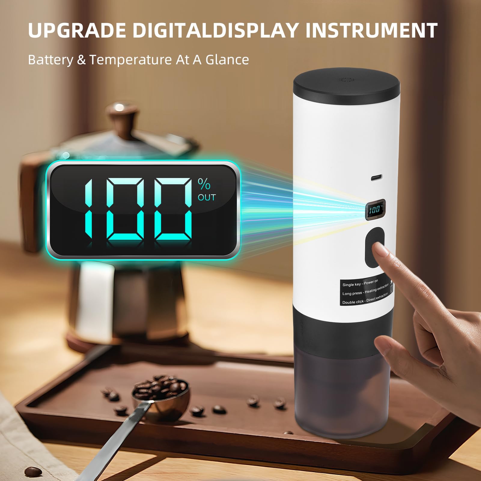 Máquina de café Portátil 3 en 1 Automáticamente Calefacción Inalámbrica de 15 Bar con Pantalla Digital