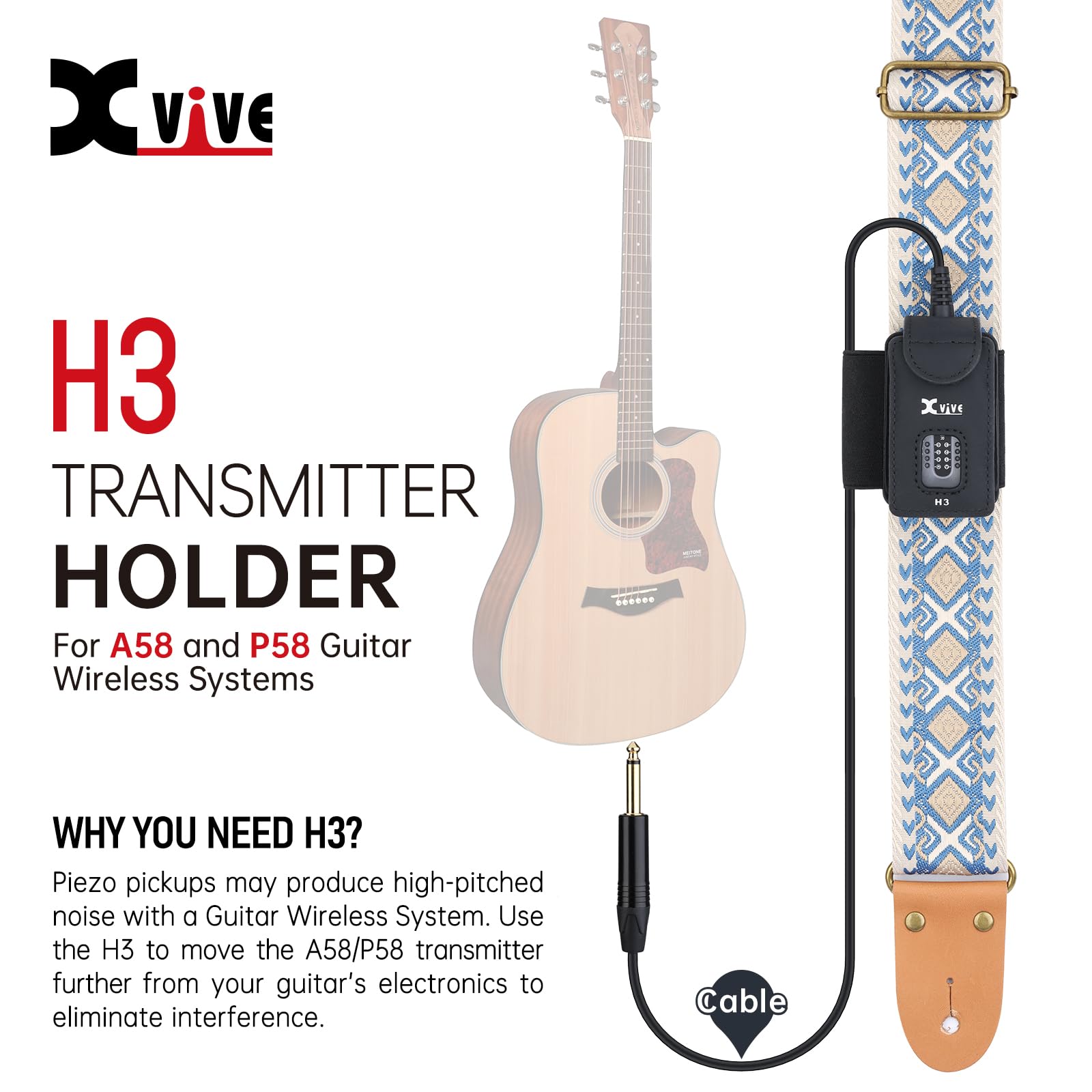 Xvive Support émetteur de sangle de guitare H3 pour systèmes sans fil A58 et P58, avec adaptateur TS mâle vers TS femelle de 0,6 cm
