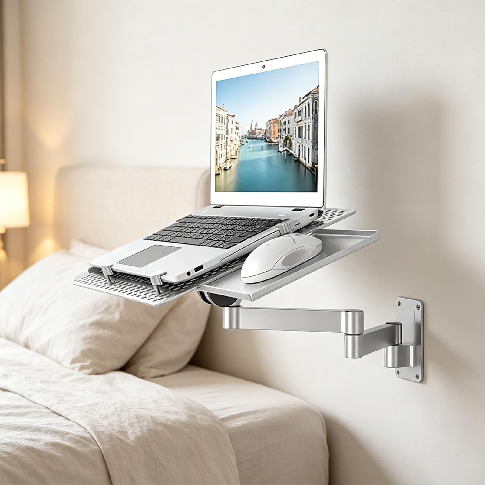 PioMue Ergonomic Wall Mount Keyboard/Mouse Arm Mount Tray, Flexible Extend Dual Arm Design For Industrial And Office Workspace