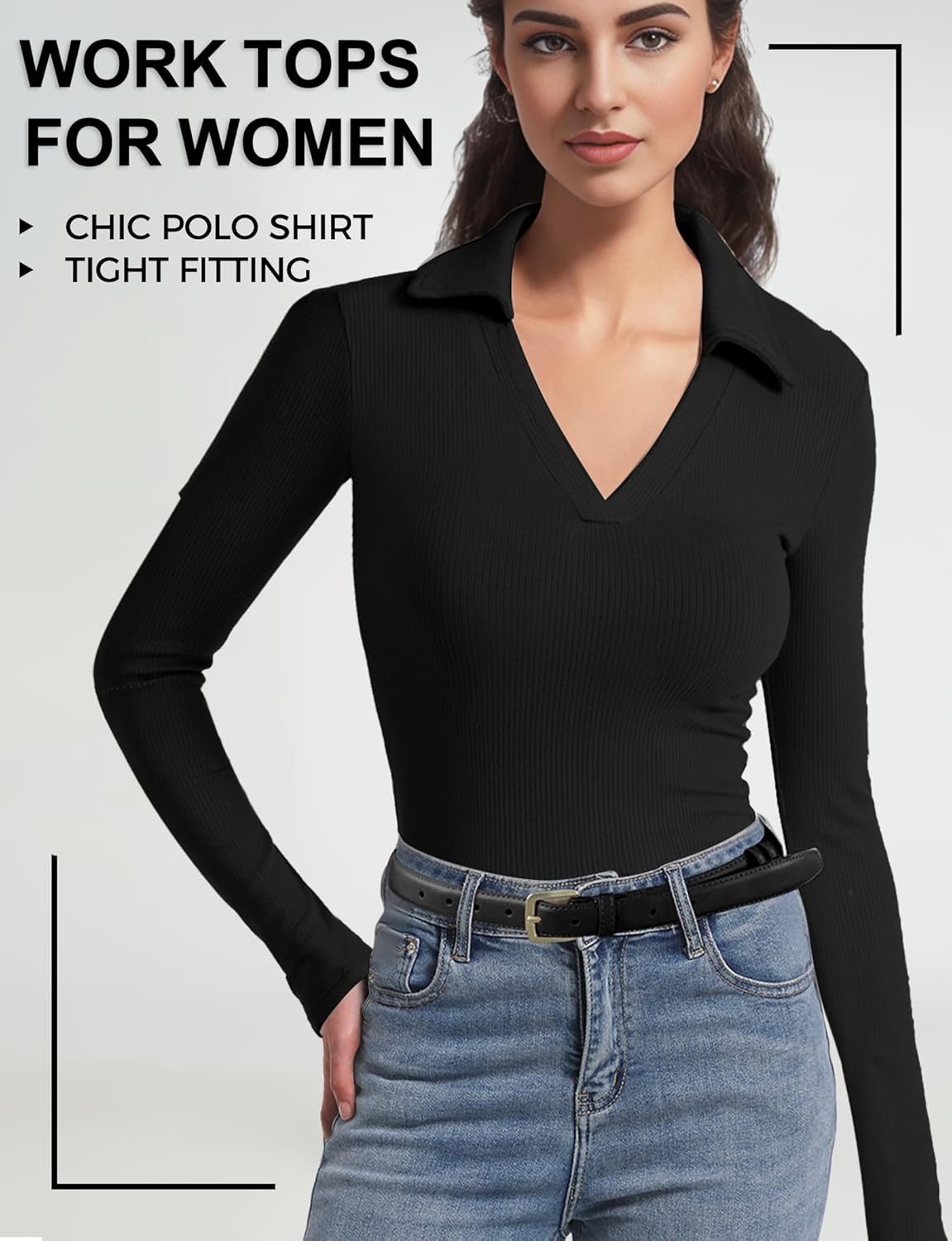 Long Sleeve Polo Shirts for Women V Neck Business Casual Work Tops Collared Shirts Slim Fit T-Shirts Fall Clothes - Image 6