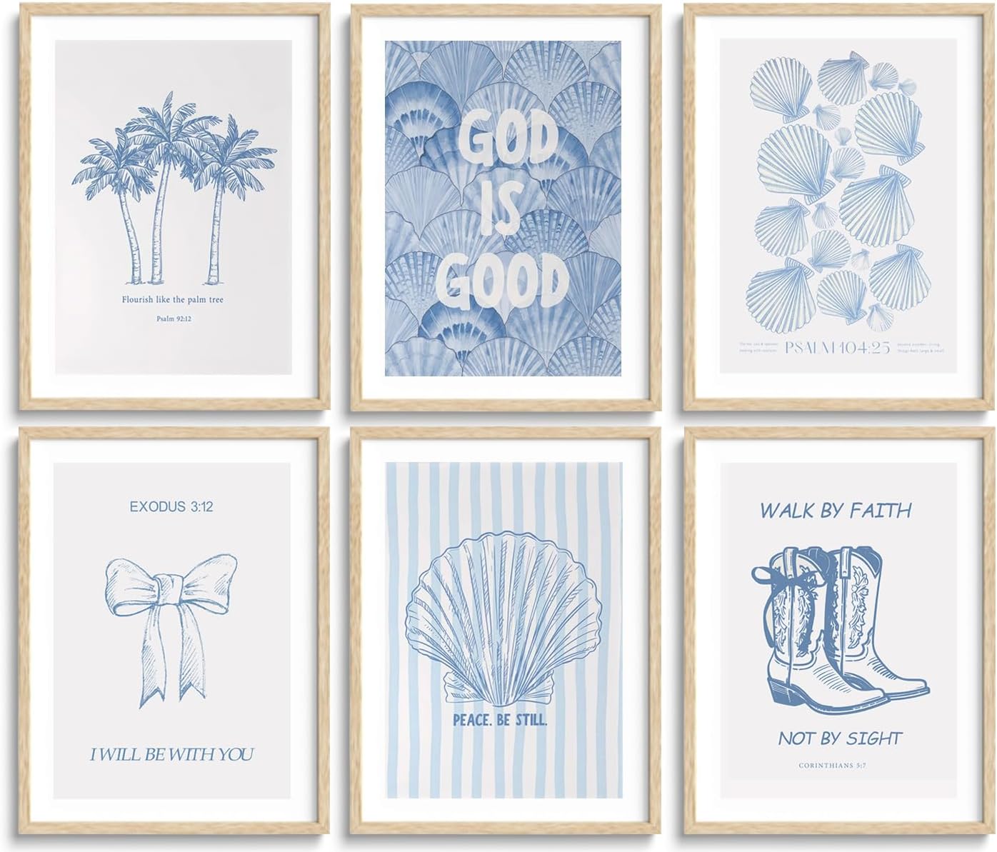 6 Pcs Coastal Christian Wall Art Blue Seashell Scripture Quote Wall Decor Pictures Coastal Granddaughter Preppy Religion Aesthetics Posters Prints for Living Room Bedroom Home Decorations Unframed