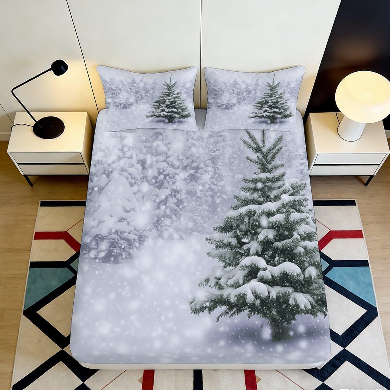 3D Printed Snowy Pine Forest Fitted Sheet Microfiber Soft Breathable Winter Landscape Bed Cover for Bedroom Guest Room 90x200x25cm
