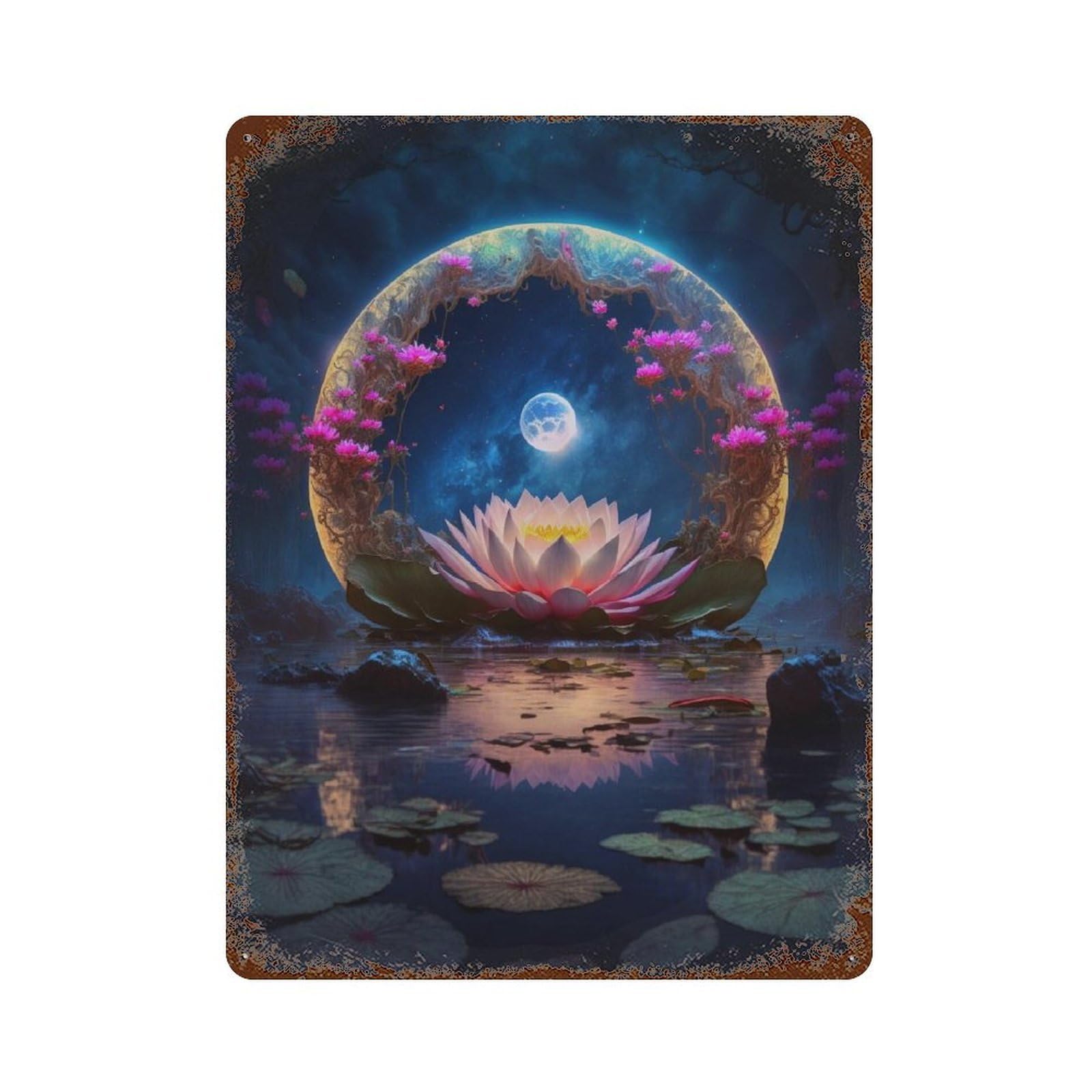 Enchanted Lotus Pond Moonlit Scene Decorative Tin Sign 15.7"x11.8", for Farmhouse, Kitchen And Entryway Decor, Vintage Wall Decor