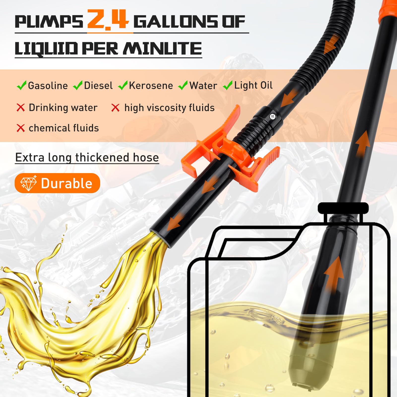 Pompe de Transfert de Liquide à Piles, Pompe à Essence Électrique à Piles, Pompe à Aspiration Automatique, 2.4 GPM pour Essence, diesel, eau et Carburant(No Batteria)