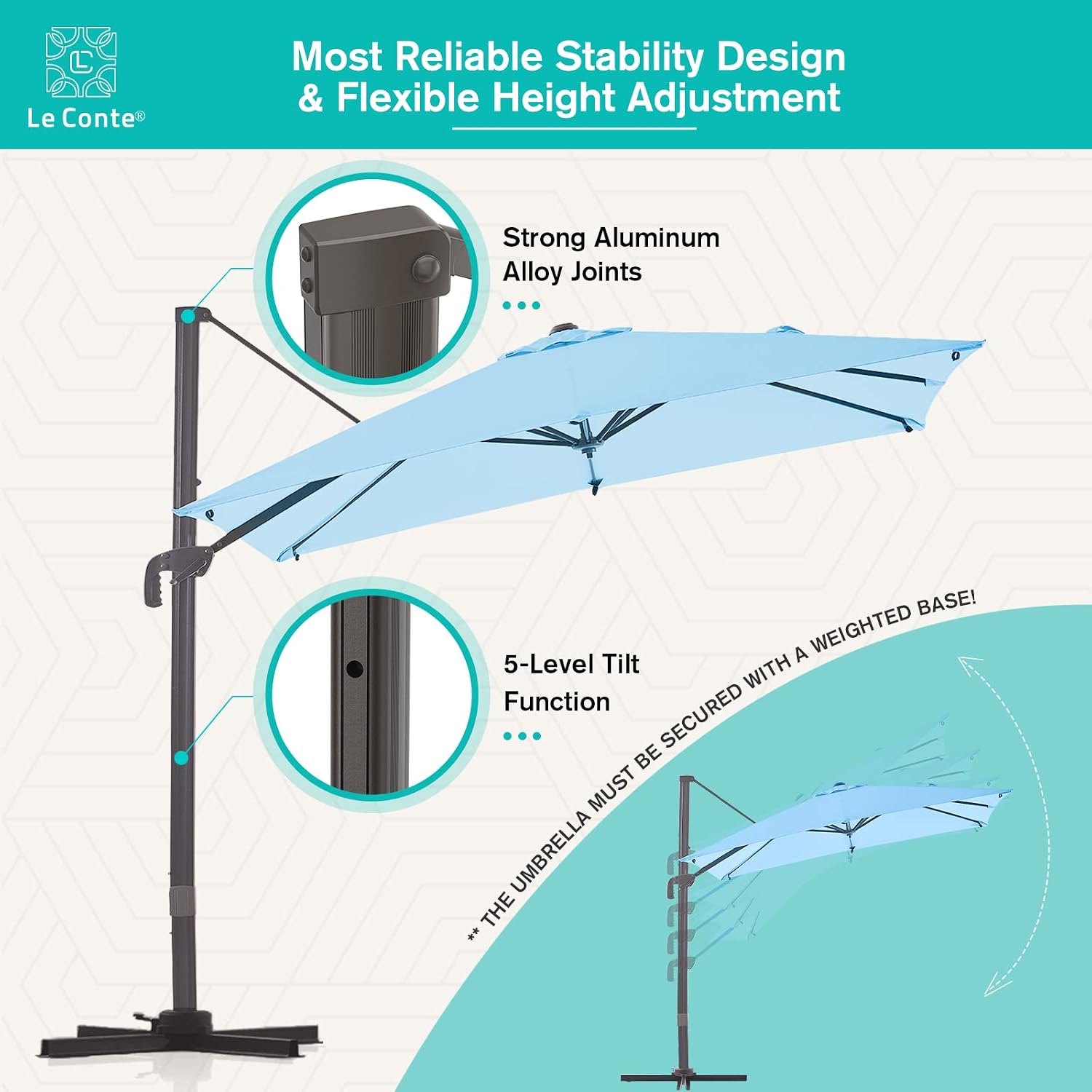 LE CONTE LYON 8.2x8.2 ft. Cantilever Umbrella with 360 Degree Rotation | Outdoor Aluminum Offset Patio Umbrella Market Hanging Umbrellas | Solution Dyed Fabric, 5-lever Tilting and Cross Base (Sky Blue)