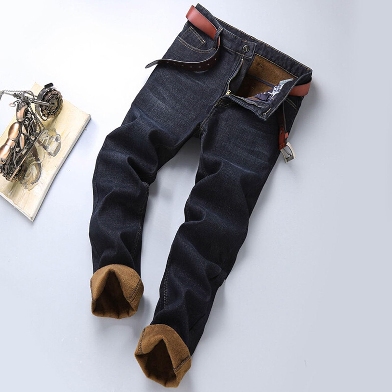 Generisch Pantaloni termici da uomo, pantaloni da neve, in pile Teddy, con imbottitura calda, gamba dritta, pile felpato, jeans termici