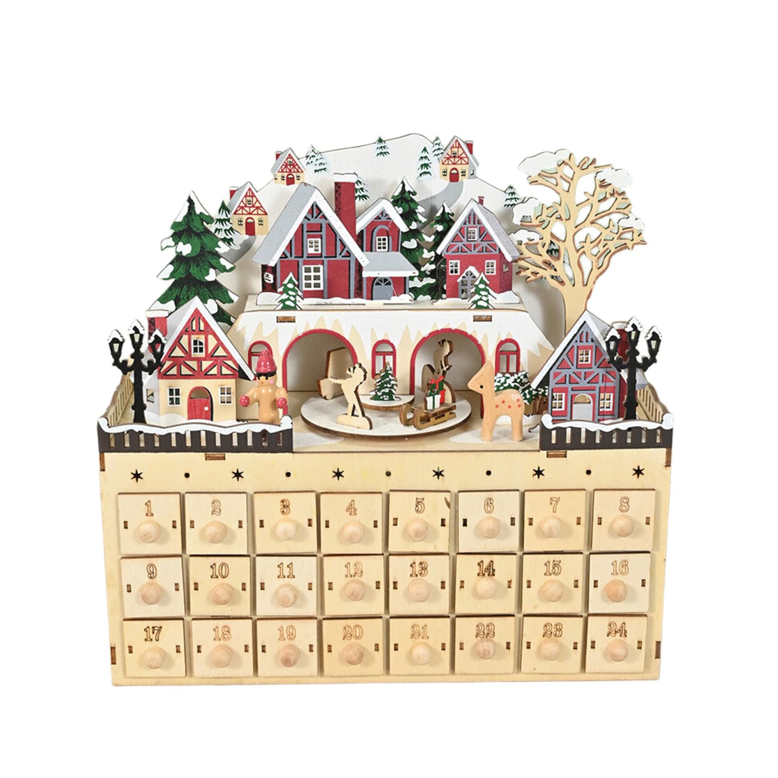 Gabinete de madera natural con calendario de Adviento de Navidad con 24 compartimentos de regalo, decoración de casa de pueblo, adorno de cuenta regresiva con compartimento