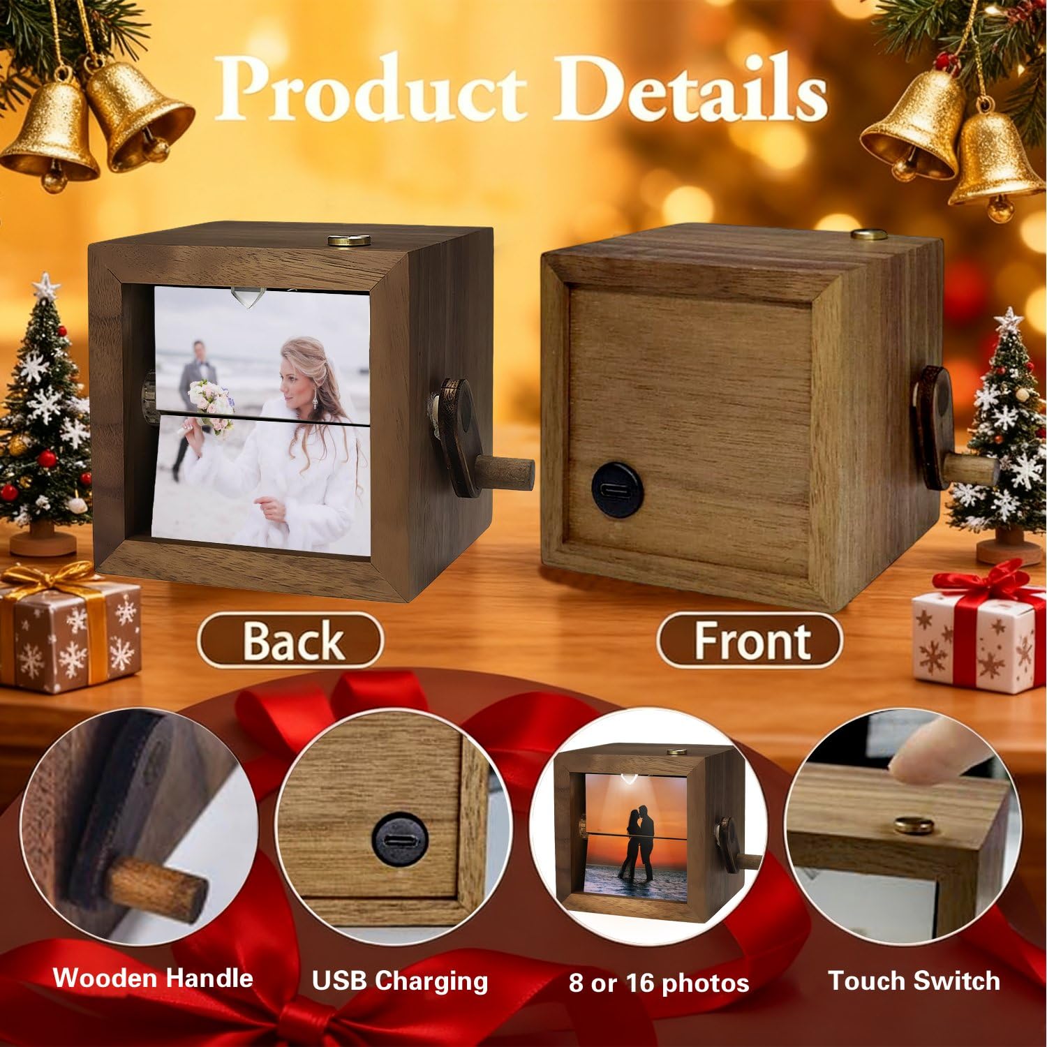 Caja de fotos mecánica giratoria personalizada, caja de fotos con manivela grabada personalizada, caja de fotos personalizada para boda, caja de historia de amor
