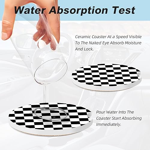 Miniatura 5 de Posavasos a cuadros negros y blancos para portavasos de automóvil, paquete de 2 posavasos de automóvil para automóvil, posavasos absorbentes de