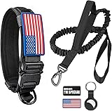Tactical Dog Collar and Bungee Leash,Military Dog Collar & Leash Set with USA American Flag Adjustable K9 Collar with Heavy Duty Metal Buckle & Handle,with Patches and Airtags Case (L, Black) L Black