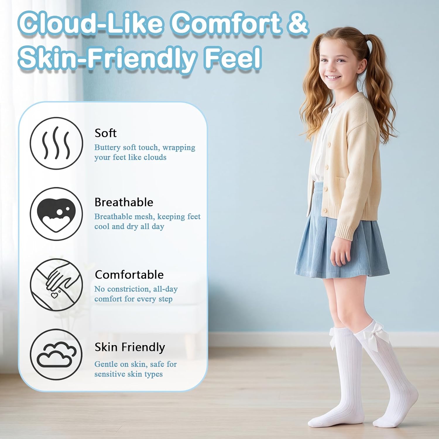 Girls Knee High Socks with Bow Cotton School Uniform Long Socks Dress Sock for Girl Kids 4 to 12 Years, 3/6 Pairs