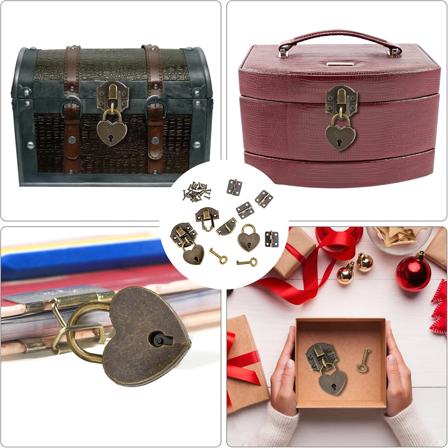 2 Set Antique Bronze Hasp Latch 27 X 30 mm Hasp Latch Mini Box Hinges and Love Locks with Keys Decorative Lock Buckle with Screws for Jewelry Wooden Box and DIY Crafts