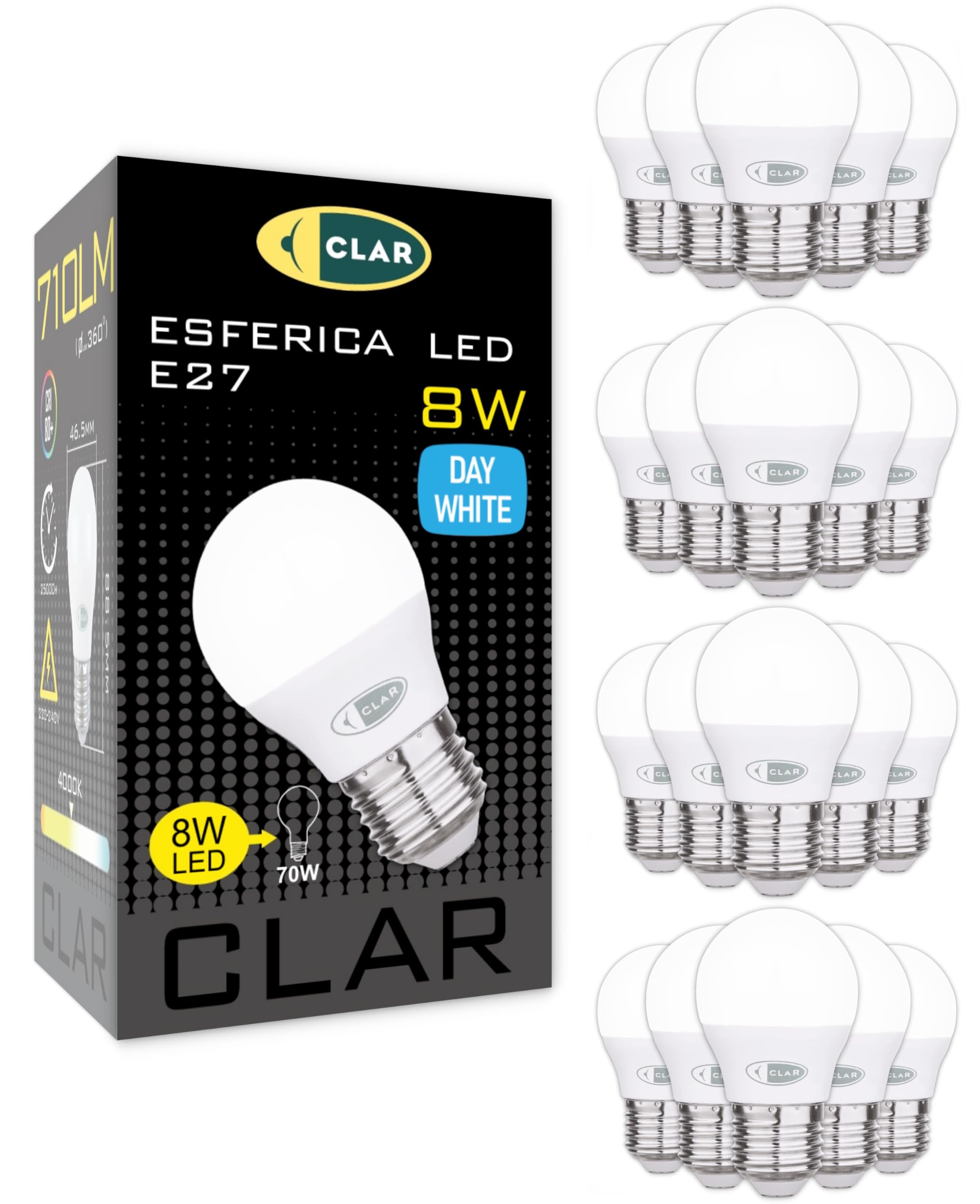 CLAR - Ampoule LED E27 8W, Petite Ampoule LED E27 4000K, Équivalent 60W-70W Blanc Neutre 4000K (Pack 20)