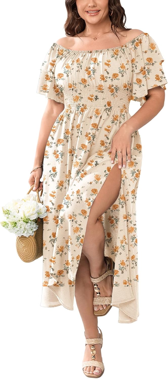 Plus Size Maxi Dress Off The Shoulder Ruffle Smocked Wedding Guest Cocktail Slit Hem Flowy Dresses for Curvy Women