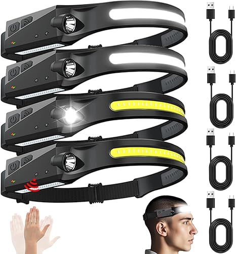 Linterna frontal recargable, 230° de haz ancho LED con sensor de movimiento para adultos, linterna impermeable para senderismo, correr, reparación,