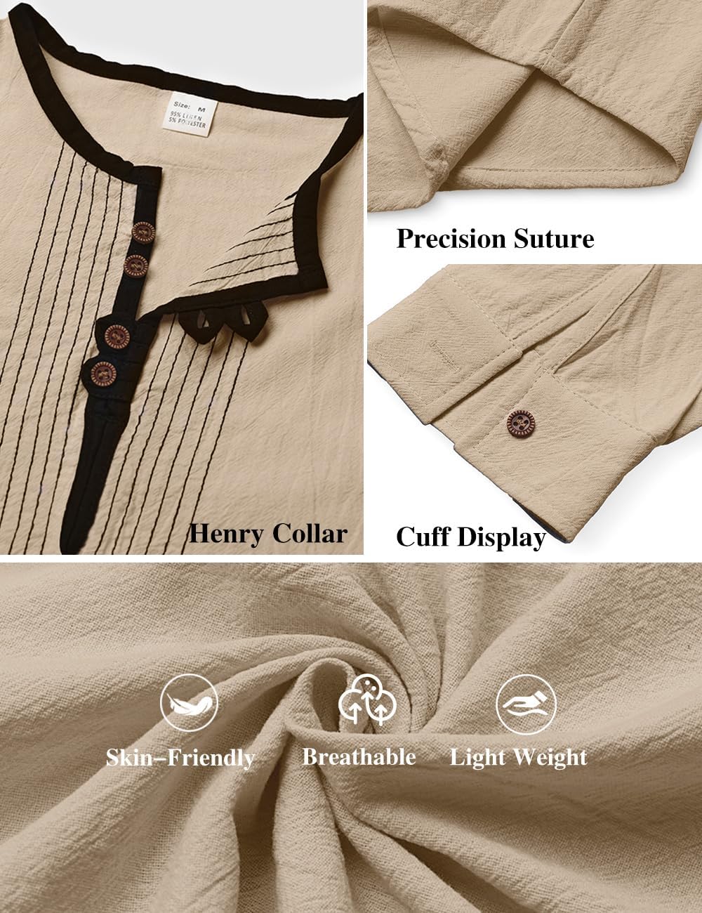 Mens Linen Shirts Henley T-Shirts Long Sleeve Tops Casual Beach T-Shirts Yoga Shirts for Men - Image 6