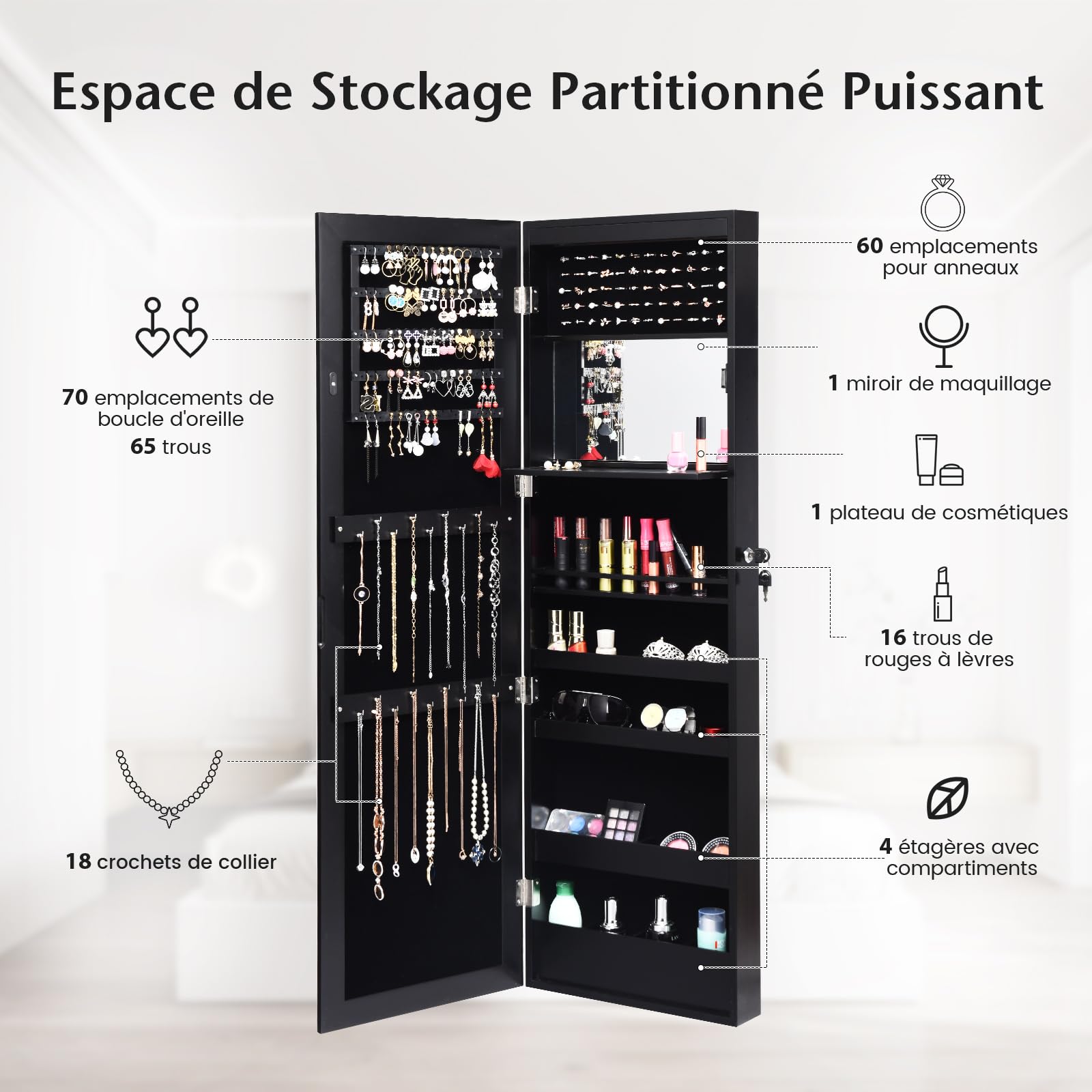 COSTWAY Armoire à Bijoux Murale avec Miroir 12 LED, Meuble de Rangement Verrouillable Pleine Longueur, Organisateur de Bijoux avec Étagères de Rangement, Style Scandinave, Noir