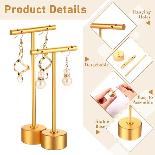 Miniatura 3 de Kigeli Paquete de 6 soportes de exhibición de aretes de metal con barra en T, soporte de exhibición de aretes de metal desmontable, estante