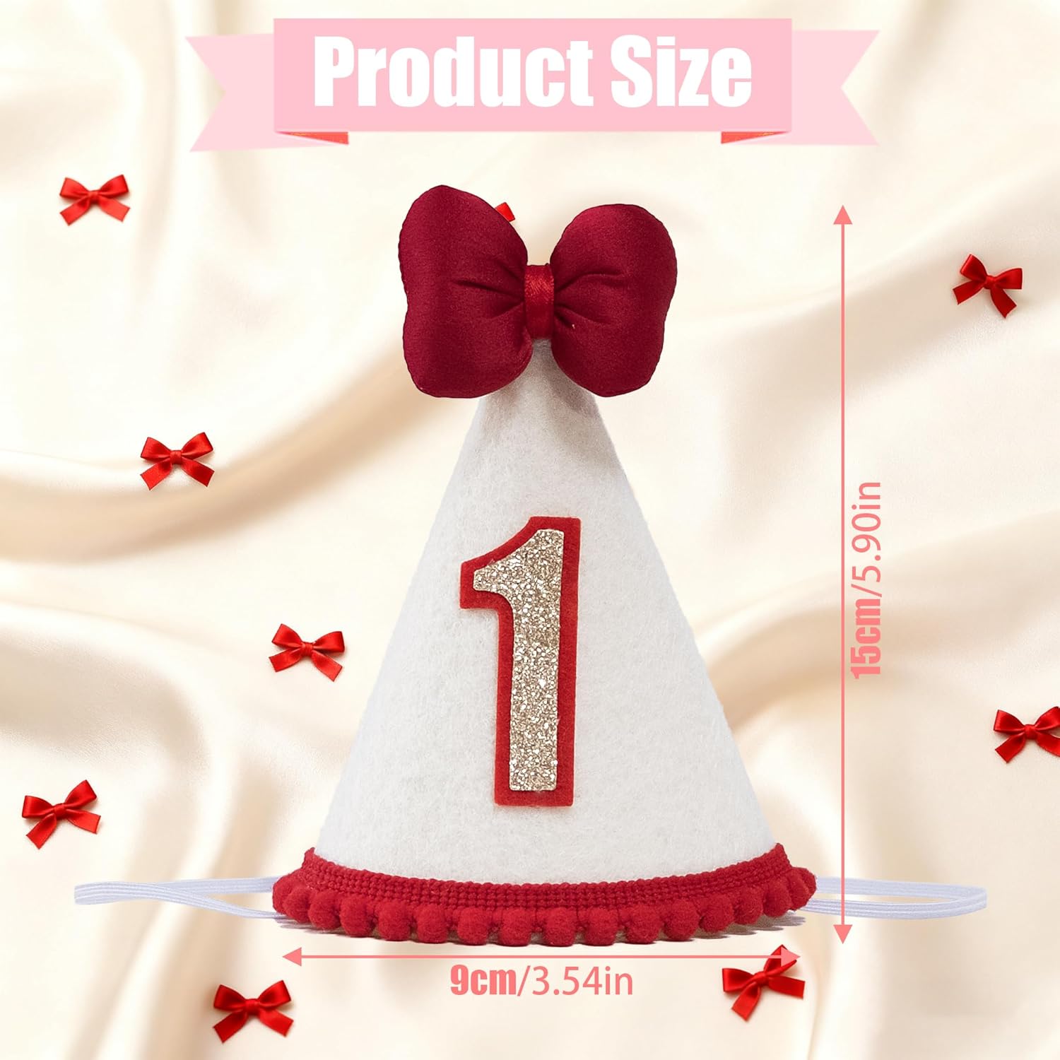 Baby First Birthday Crown Hat, White Felt with Red Bow, Gold Number 1, Party Headband for 1 Year Old - Image 3
