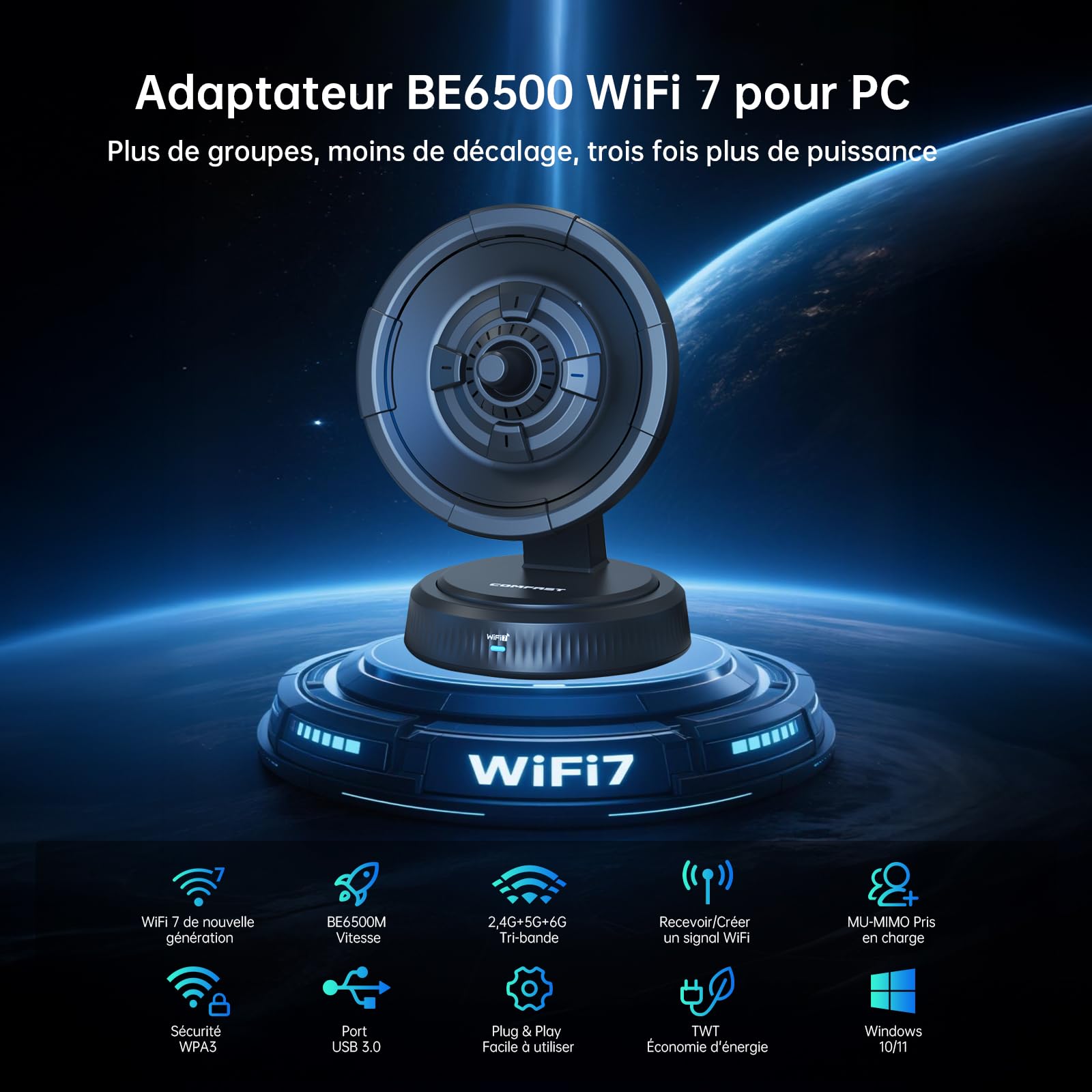 COMFAST Clé WiFi Puissante, WiFi7 BE6500 Mbps Tri-Bande Clé WiFi pour PC | avec Antenne intégrée, USB 3.0, OFDMA, MU-MIMO, WPA3, Compatible avec Windows 11/10