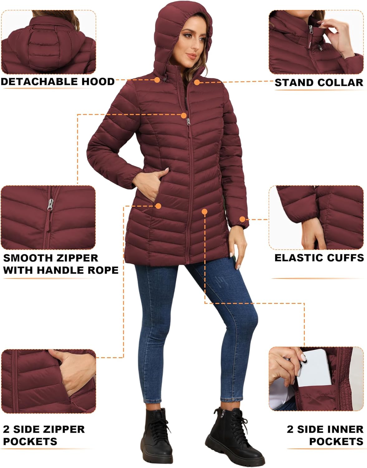 ROYAL MATRIX Women's Packable Puffer Jacket - Lightweight Winter Warm Long Quilted Puffer Coat with Detachable Hood - Image 5