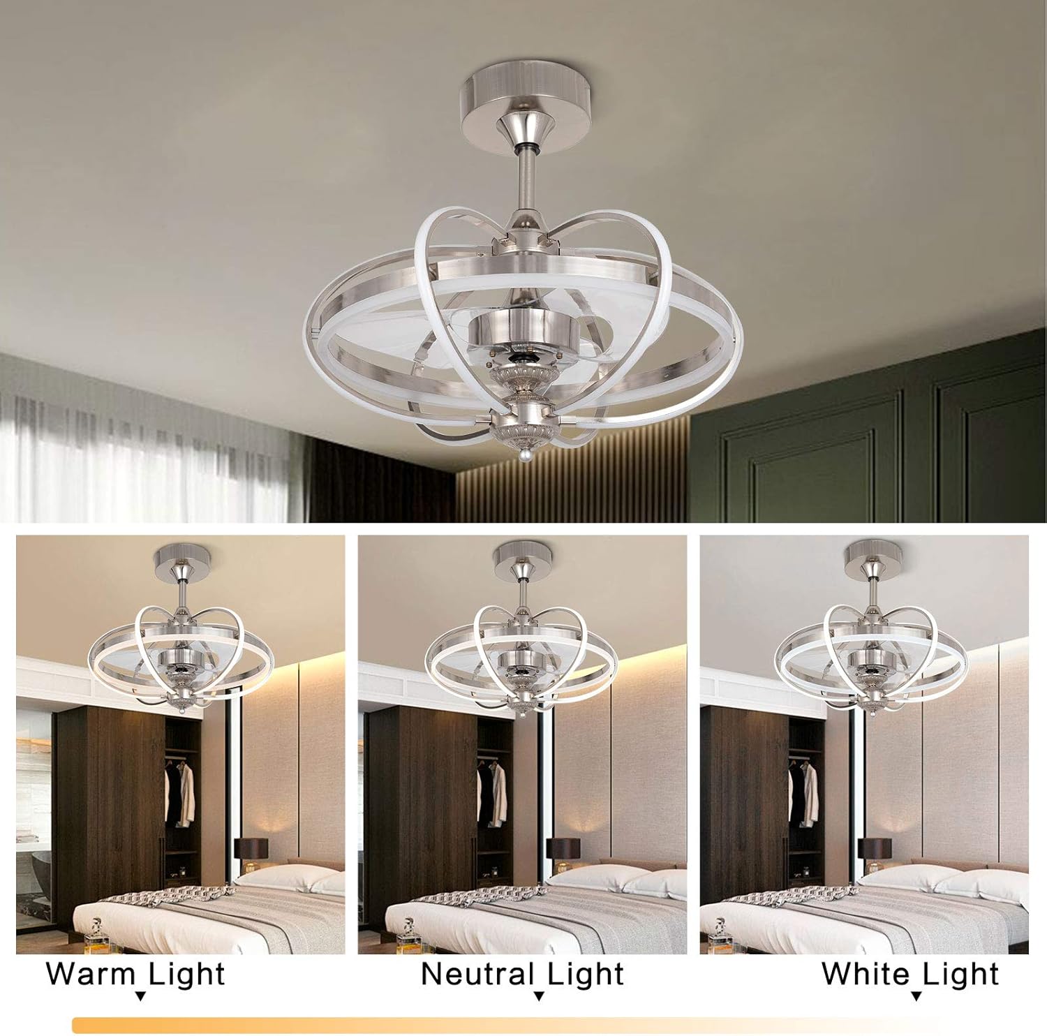 Gdrasuya10 23 inch Lighting Modern Ceiling Fan Light with Remote Control LED Acrylic Hanging Lamp Dimmable Lighting Adjustable Speed for Bedrooms Living Room (Sand Nickel)