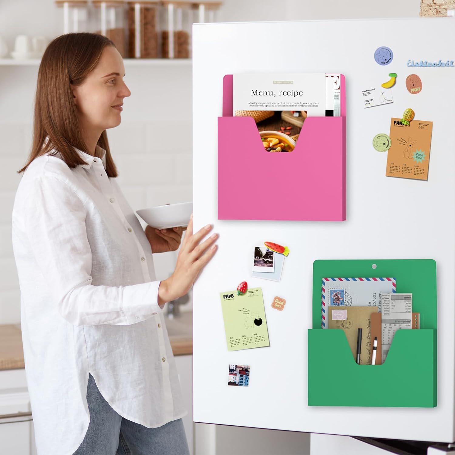 MFTEK Magnetic File Holder 6 Pockets Paper Holder, Hanging File Organizer Office Supplies Storage for Cabinets, Whiteboard, Magnetic Mail Letter Folder for Refrigerator (Light Color-Mix)