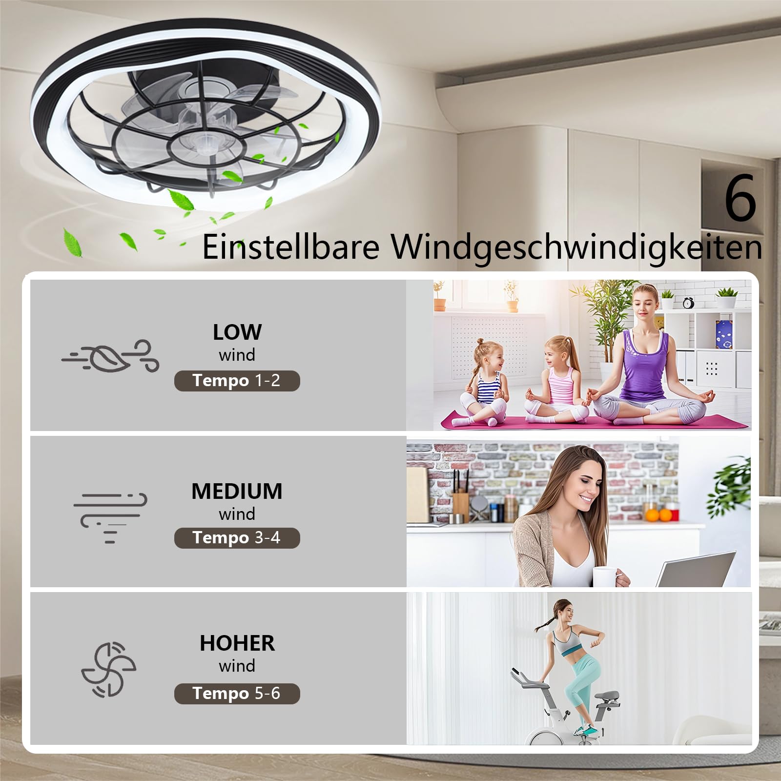 Leiser Deckenventilator mit Beleuchtung Schwarz, 50cm Deckenleuchte mit Ventilator, LED Deckenlampe mit Ventilator, Fernbedienung/APP, 6 Windstufen, 3 Farbtemperaturen, für Schlafzimmer Wohnzimmer
