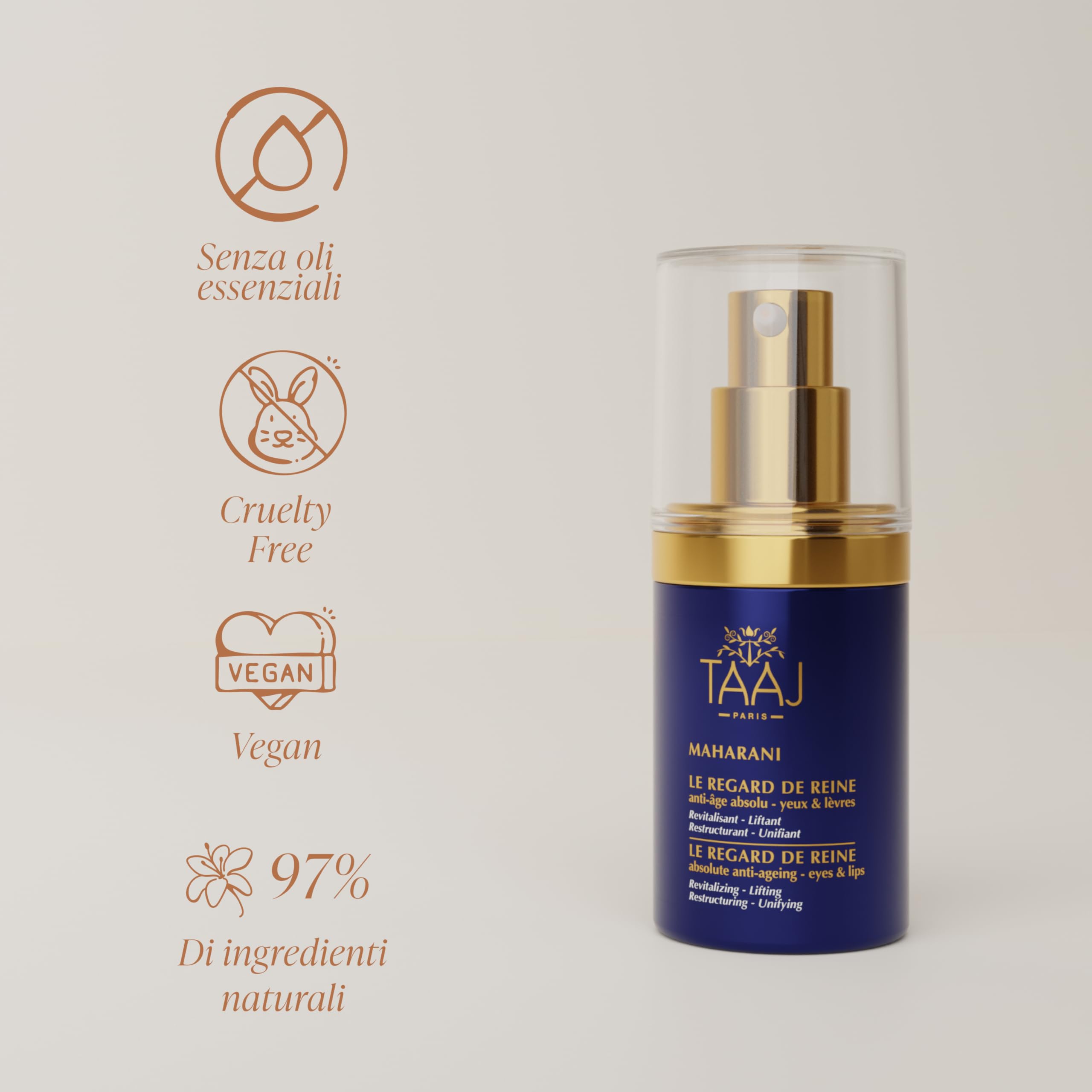 TAAJ | Gli Occhi della Regina - MAHARANI | Attivi Anti-Age | Lifta e Ridefinisce il contorno occhi e labbra | Compattezza ed Elasticità della pelle| Acido Ialuronico e Collagene | 15 ml