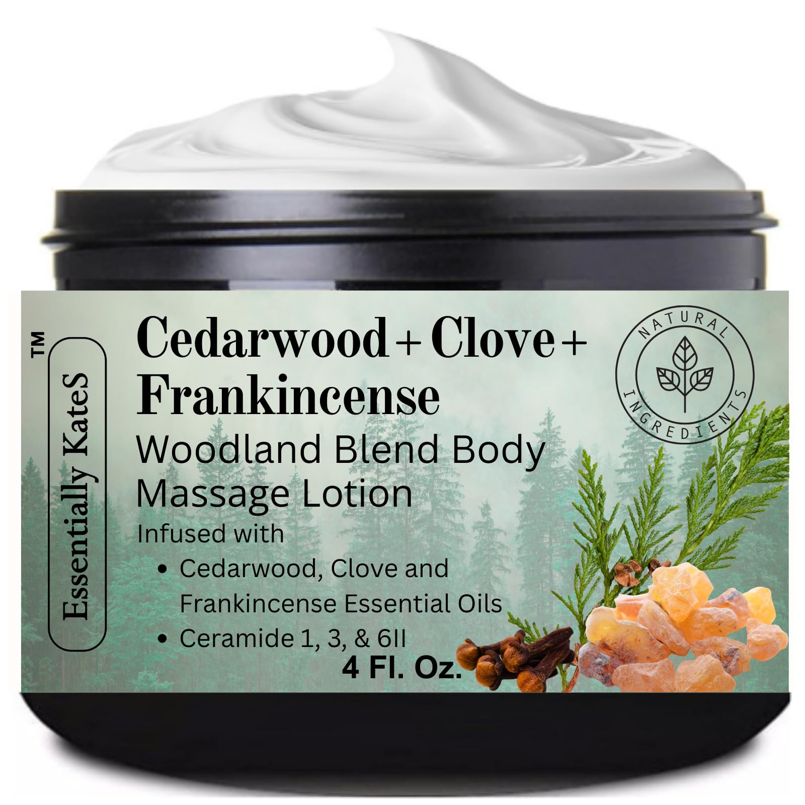 Cedarwood + Clove + Frankincense "Woodland Blend" Lotion 4 oz - enriched with Ceramide 1, 3, and 6II - a grounding body therapy crafted to restore inner balance. Rooted in warm, earthy botanicals.