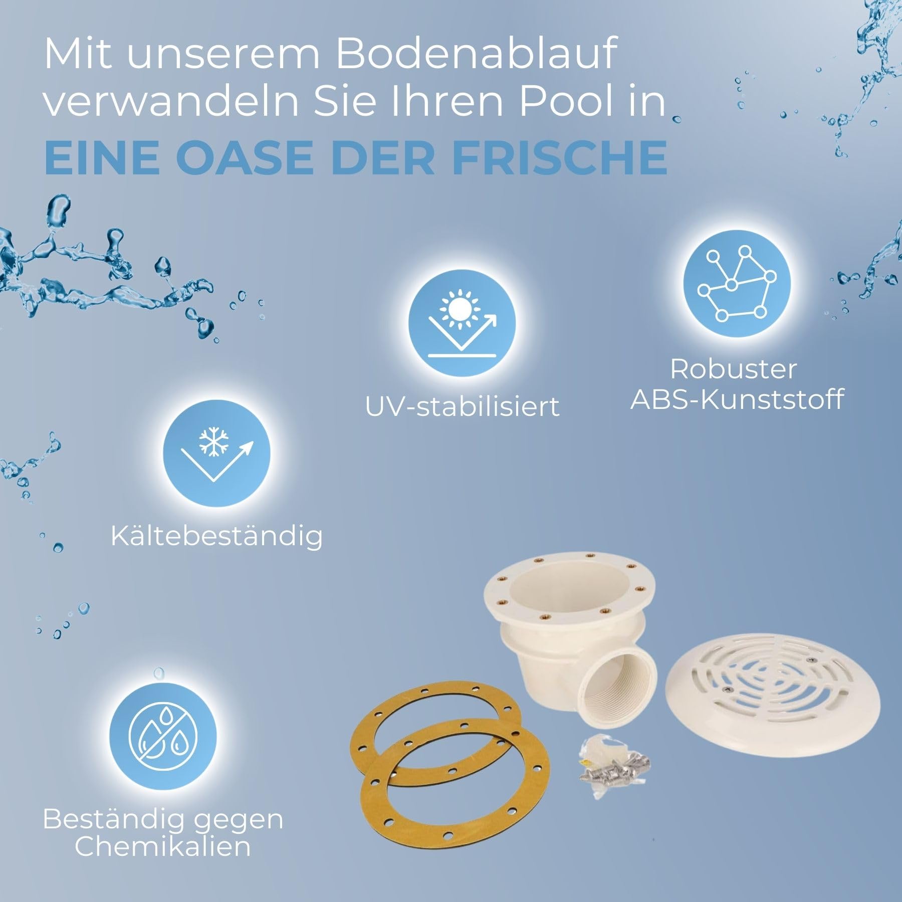 ABS Mini Bodenablauf mit Deckel in 175 mm I Pool Hauptablauf inkl. Flansch, Dichtungen & Schrauben I Wasserablauf für Whirlpools & kleine Schwimmbecken I Hochwertiges Pool Zubehör in Weiß