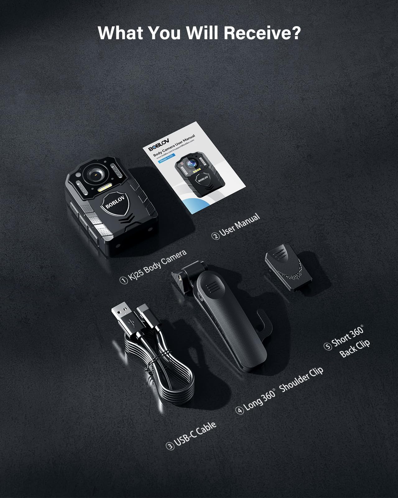 BOBLOV KJ25 1080P 128 GB Körperkamera, Body Cam, 3000 mAh mit 10–13 Stunden Aufnahmezeit, Body Camera mit Nachtsicht, für Lieferungen, Strafverfolgung (128GB)