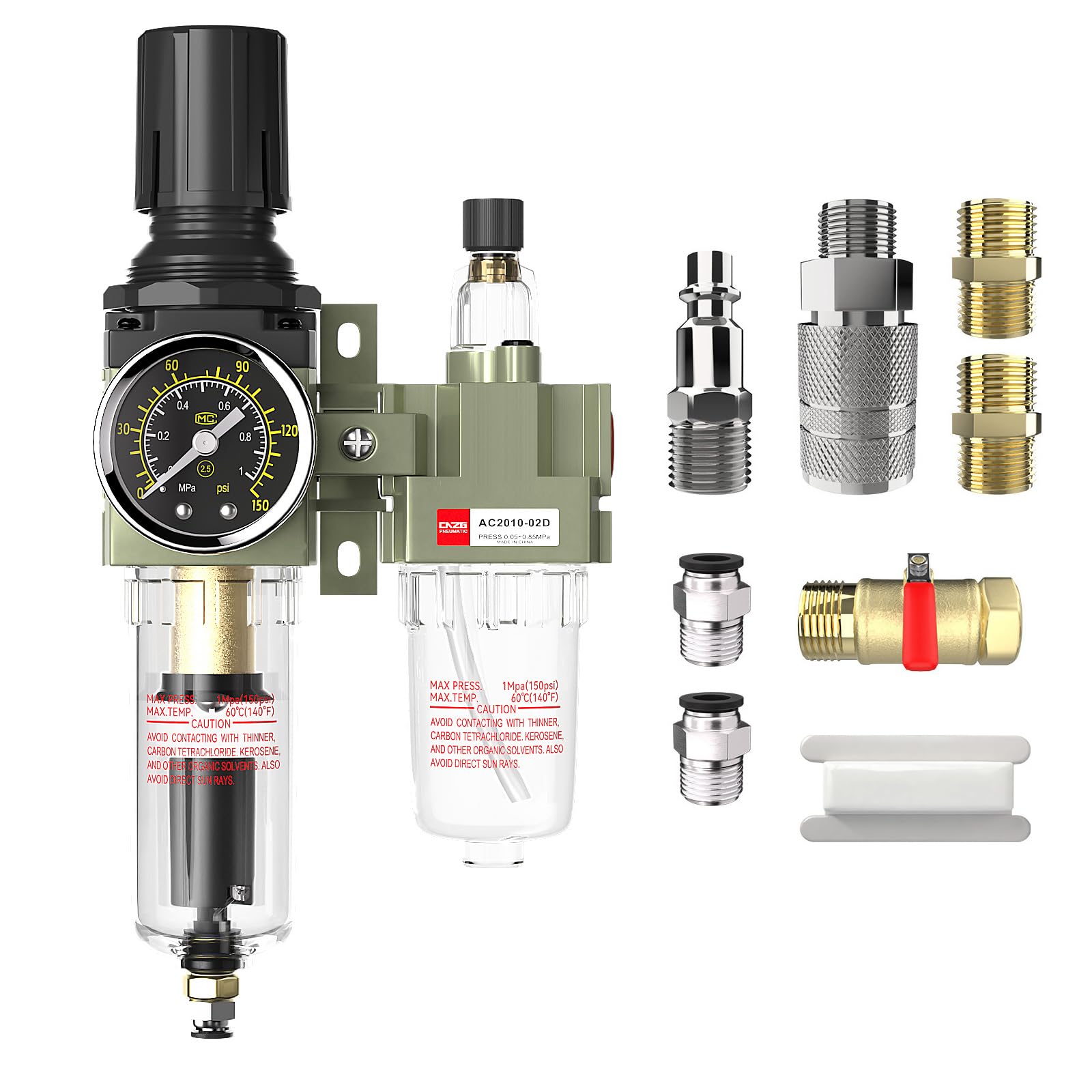 Compresseur d'air pneumatique séparateur d'eau filtre régulateur comprimé pour accessoires pression de pièces avec manomètre 1/4 kit automatique de vidange automatique AC2010-02D