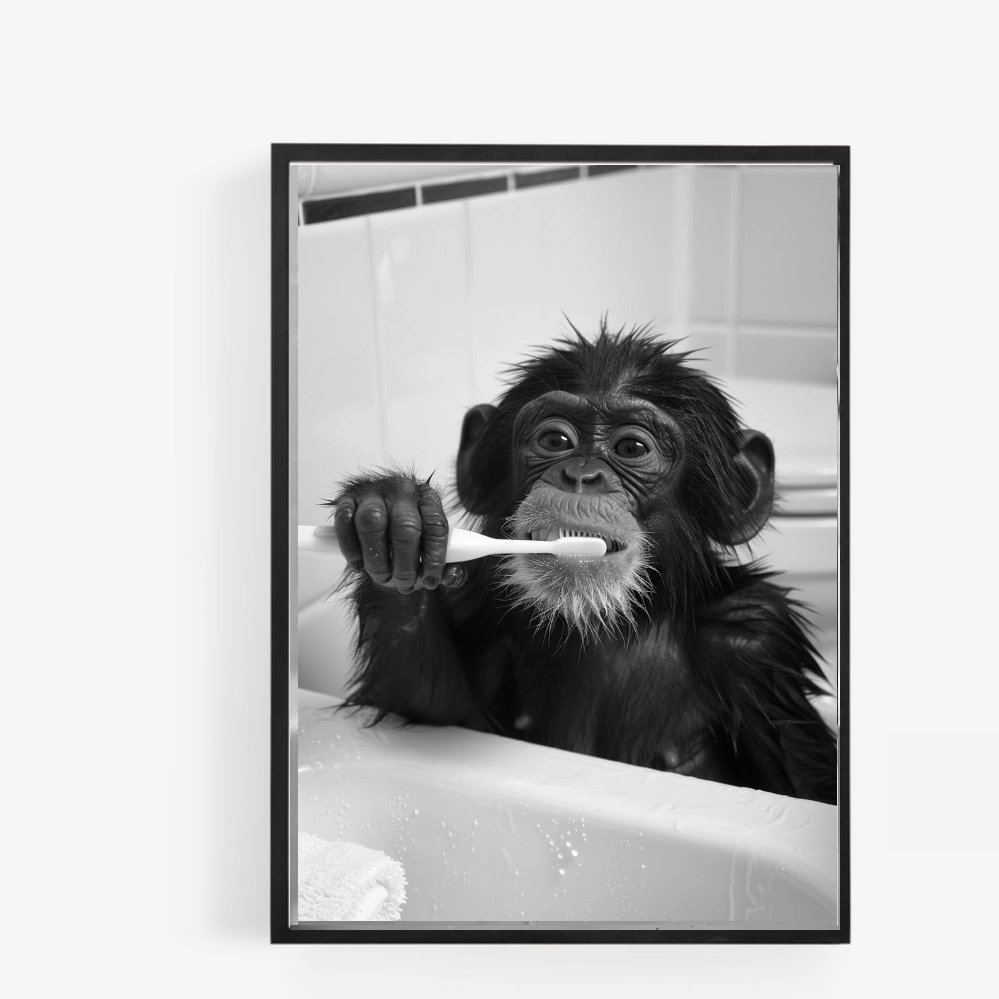 Gfc Black White Funny Bathroom Monkey Brushing Teeth A4 Unframed Print Picture Wall Art Home Decor Decorating