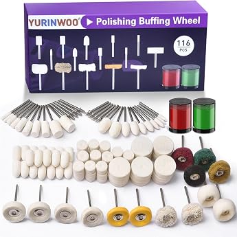 Pack of 116 Wool Felt Polishing Discs Compatible with Dremel Wool Felt Mounted Mandrel Polishing Set with 2 Polishing Paste 1/8 Inch Shaft Polishing Accessories Suitable for Grinding and Polishing Metal Jade Glass