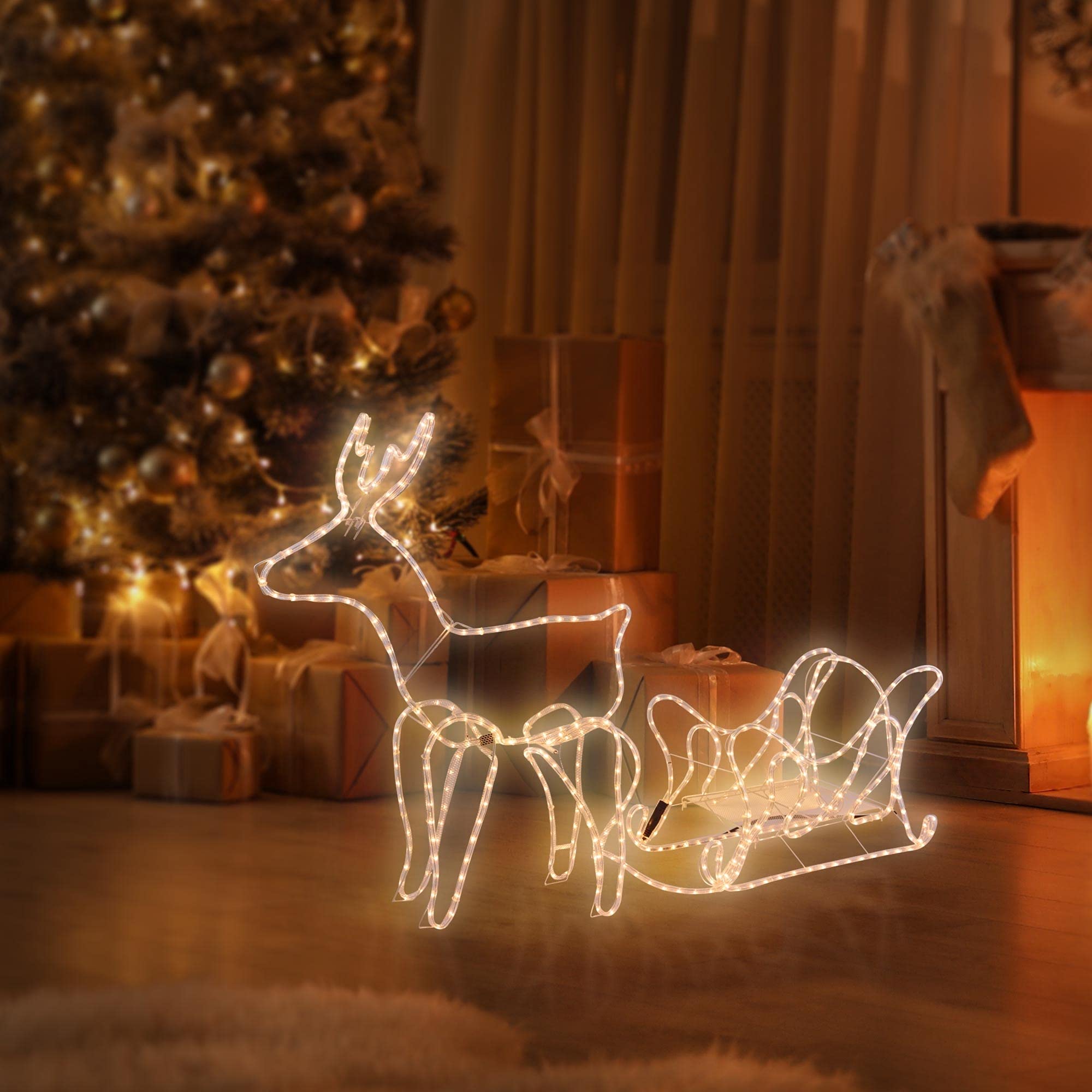 ECD Germany LED Deko Rentier mit Schlitten, 504 LEDs, aus PVC Schlauch, 273x77 cm, Warmweiß, Innen/Außen, Weihnachten Dekoration Figur Beleuchtet Lichtschlauch Weihnachtsbeleuchtung Leuchtfigur