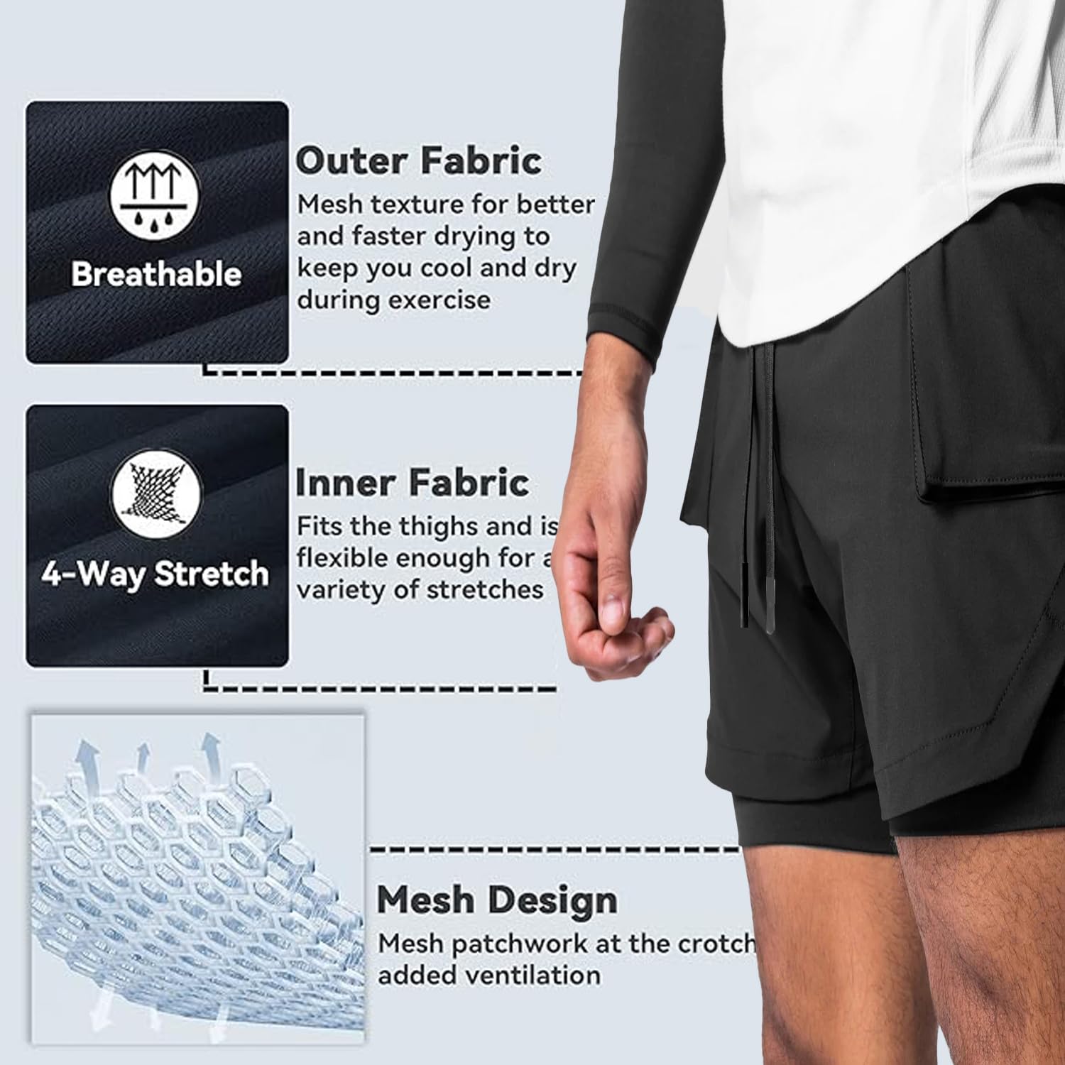 Pantalón Corto 2 en 1 Hombre Running Bolsillo Teléfono Secado Rápido Malla Cordón