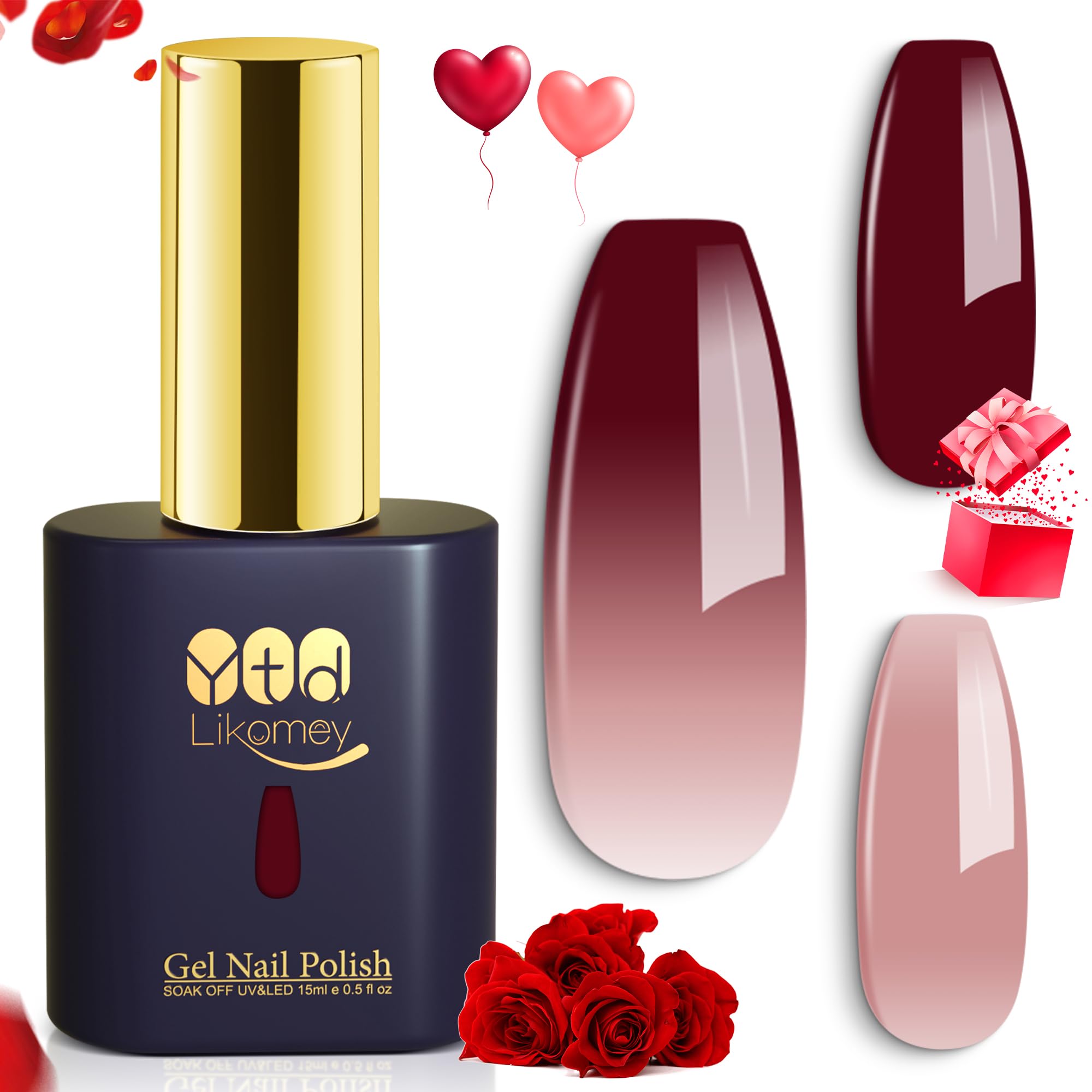 YTD Likomey Esmalte Semipermanente de Uñas en Gel UV LED,15ml Pintauñas Permanentes Camaleón de Temperatura Cambio de Color-Rojo vino/Rosa desnudo San Valentín,WB08