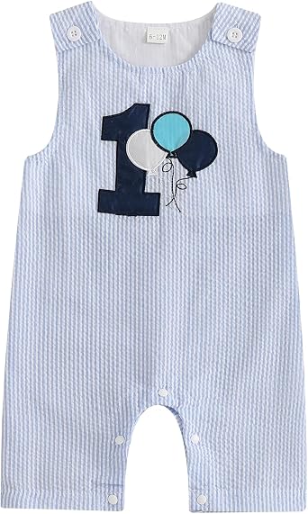 SAYOO Baby Boy 1st Birthday Outfit One Letter Embroidery Sleeveless Romper Jumpsuit Photoshoot Overalls Cake Smash Outfits