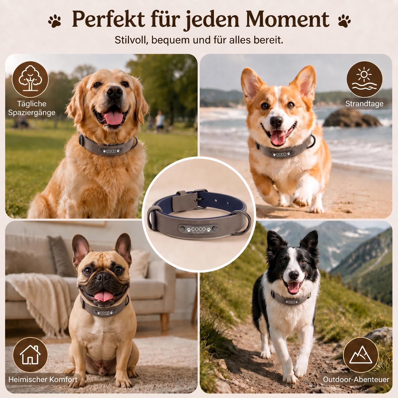 Personalisiertes Leder Hundehalsband mit Namensschild, Name & Tel. Gravur | Hundehalsband mit Namensschild (innen & außen Leder). Mit Gravur von Name, Nummer & Motiven. Ideal für Outdoor.