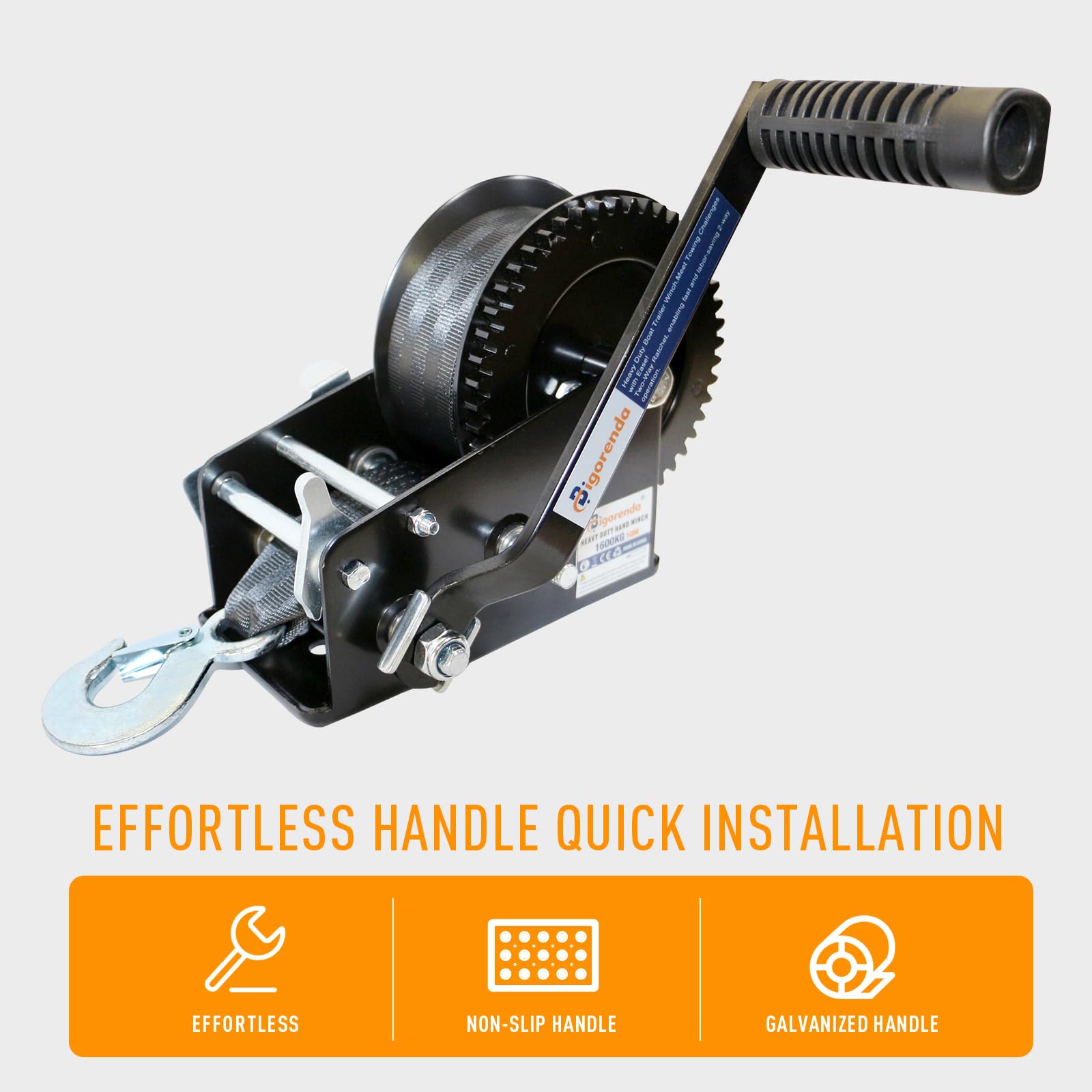 Hand Winch, Boat Trailer Winch Hand Winch with 10M (33FT) Polyester Strap and Two-Way Ratchet, 3500LBS Pulling Capacity, Heavy Duty Manual Operated Hand Crank Winch for Trailer, Boat or ATV Towing — view 5