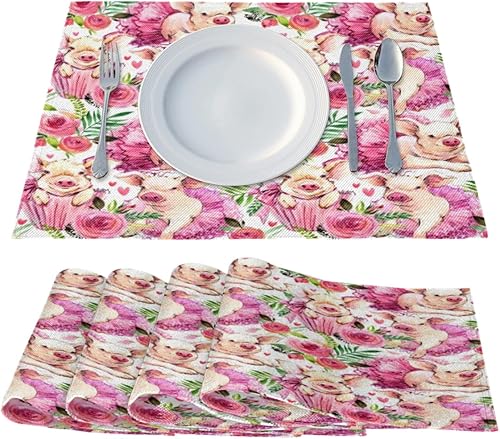 Miniatura 2 de Pig Cute Pattern Placemats Set of 4 Table Mats Washable Placemat Waterproof Place Mats for Party Home Dining Table Decor 18x12 in