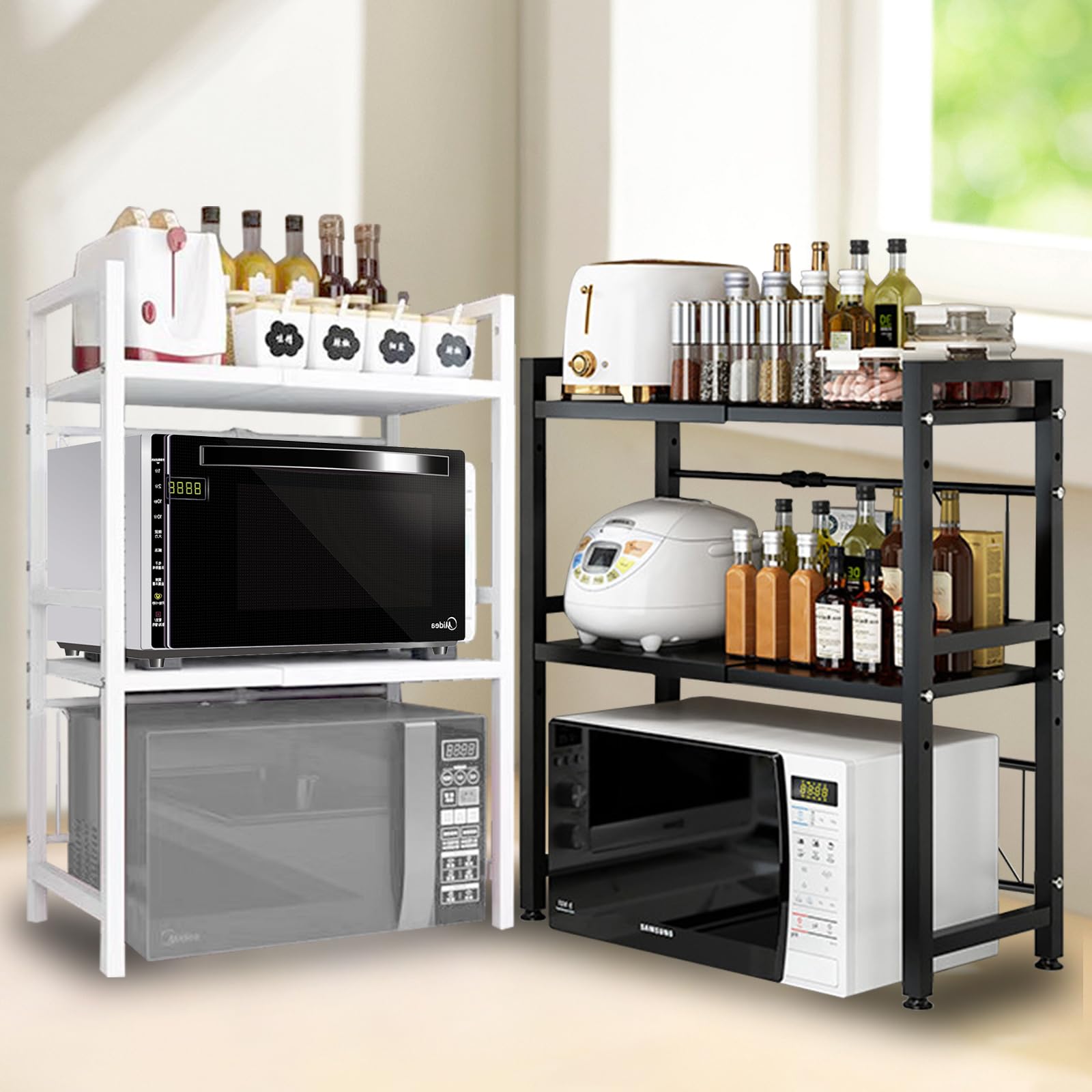 Scaffale a microonde a 2 livelli, larghezza regolabile, supporto per riporre il tostapane, scaffale cucina, allungabile da 40 a 63 cm, capacità di carico 75 kg (nero)