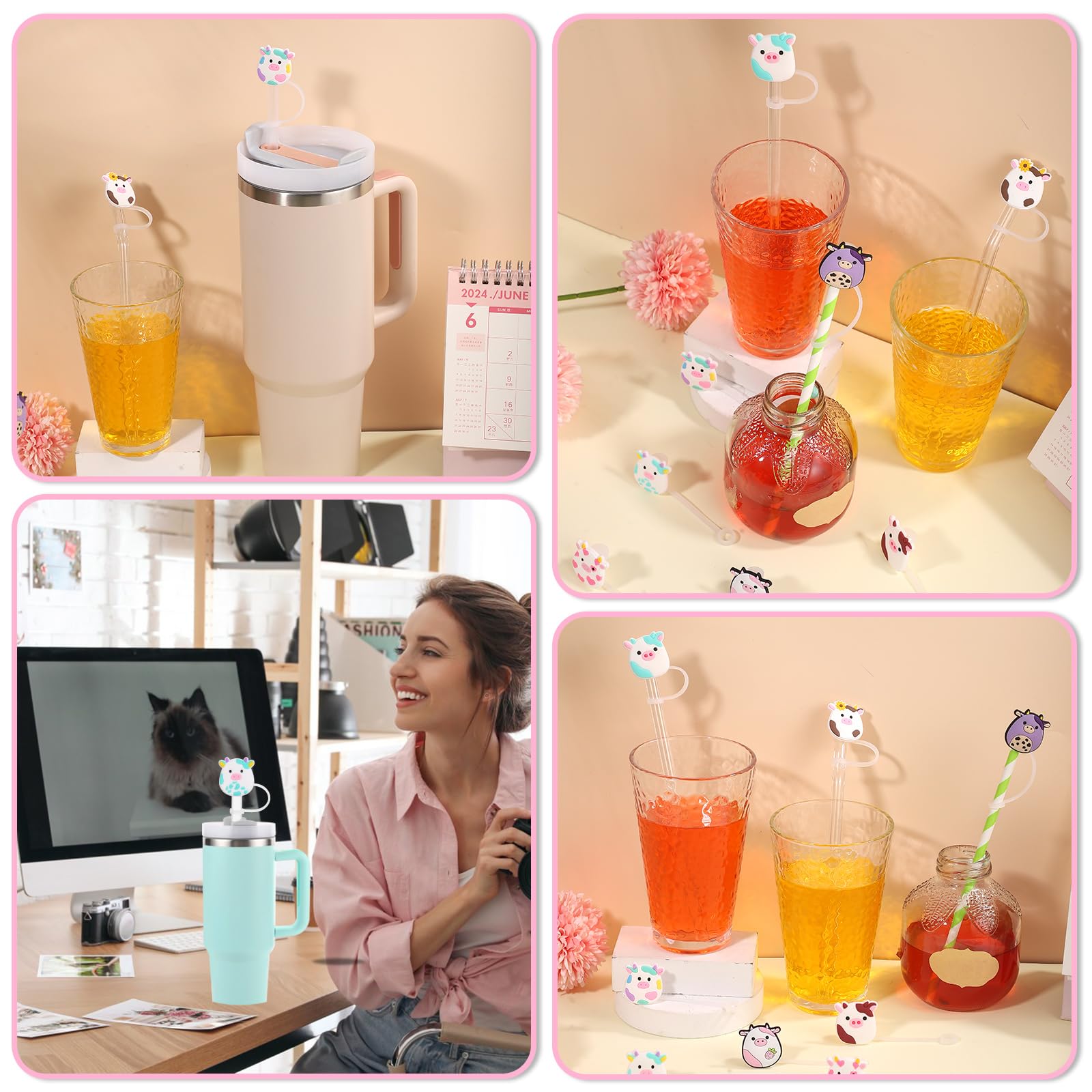 8 Pcs Straw Cover, Straws Toppers for Stanley 30&40 Oz Tumbler, Straw Caps in Various Shapes, Gifts for Mother's Day Women Girls Straws Tip Covers for 0.4 Inch/10 mm Tips (): 8 PCS Cute STRAW Caps Compatible With Stanley 30&40 Oz Tumbler, Reusable STRAW Toppers, Drinking Caps for 10 mm Straw Tips (Dairy Cow Style)