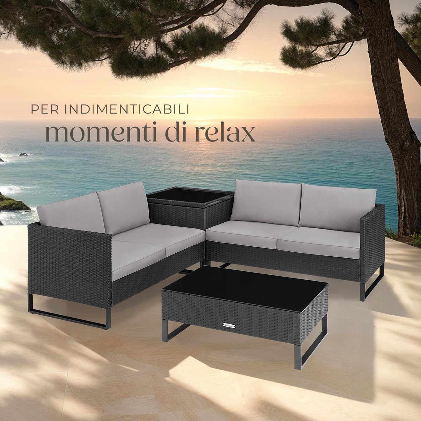 tectake® Salottino in Rattan Ostuni, Set da Giardino con 2 Sofà e 1 Tavolo con Lastra in Vetro, Box Contenitore, Cuscini Spessi, Telaio in Acciaio, Intreccio in Polyrattan - Nero