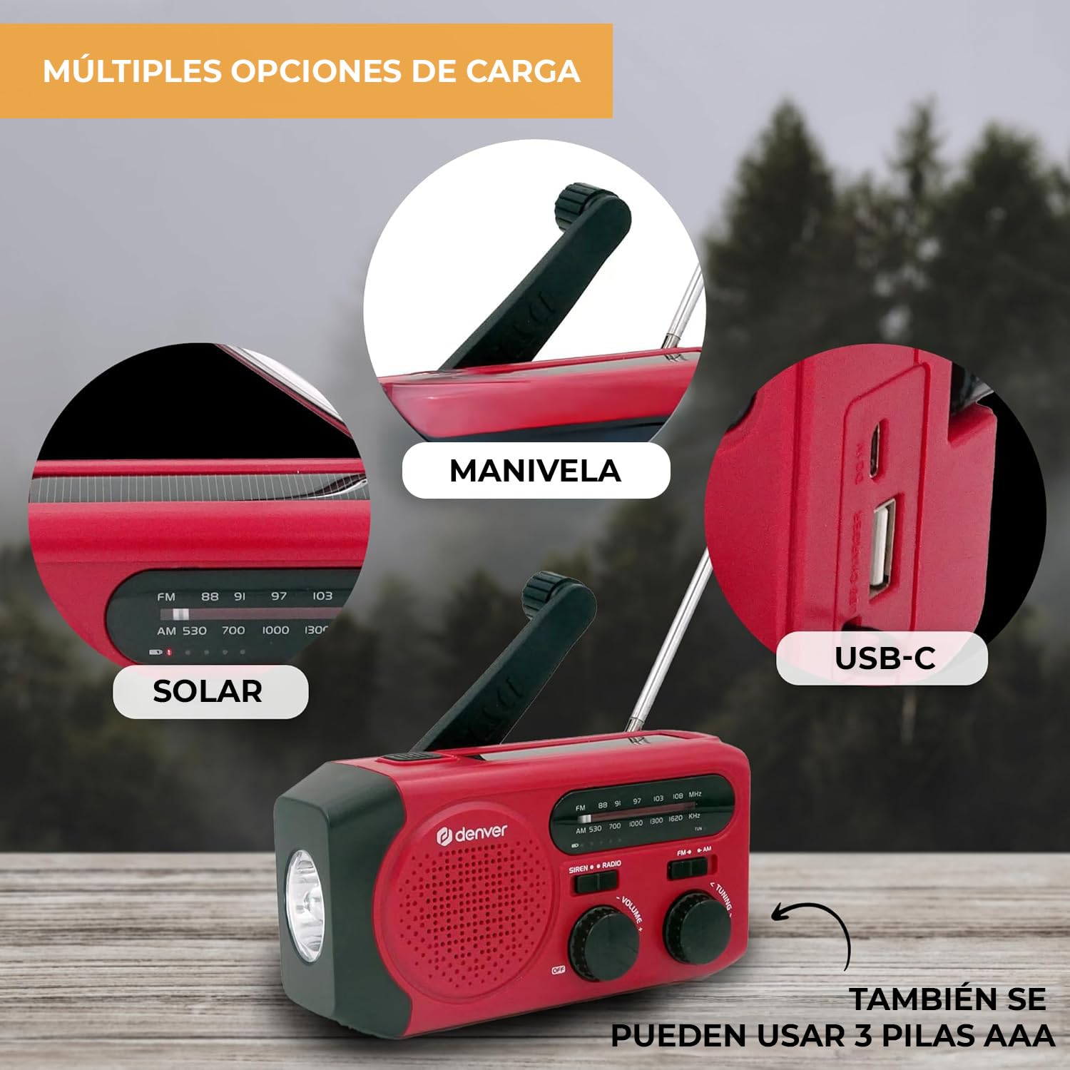 Denver SCR-2010MK2 Radio Solar de Emergencia con Manivela, Am/FM, Linterna LED 1W, Sirena SOS, Batería Recargable 2000 mAh, USB-C/USB-A, Funciona con Pilas AAA, para Apagones y Camping