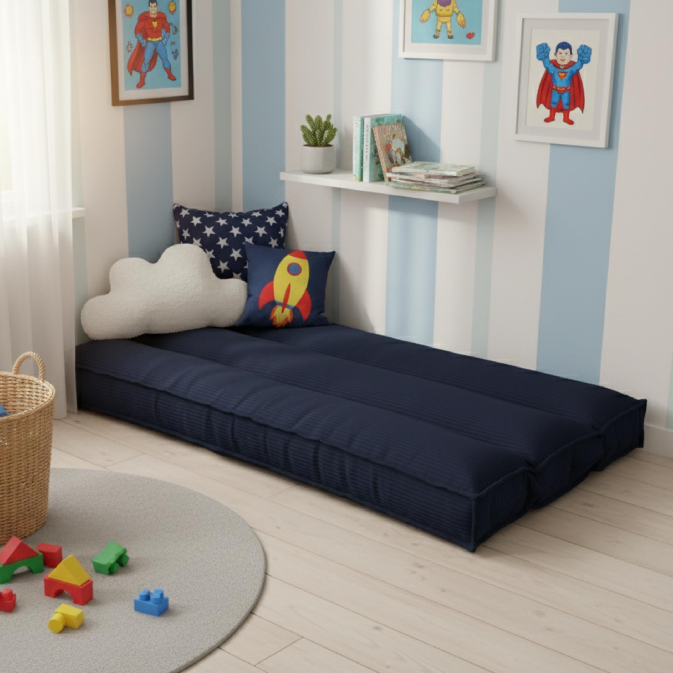 Futon Giapponese 1 Persona Comodo e Spesso, Prodotto in Francia, Sfoderabile, Ideale come Materassino Pieghevole, Tatami Giapponese–Letto Singolo, Cinghia di Fissaggio inclusa (90x190 cm, Blu Scuro)