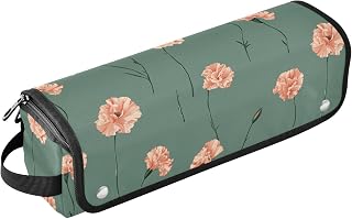 Estuche de viaje 2 en 1 con diseño de flores naranjas, color verde salvia, tapete resistente al calor con cremallera, organizador de herramientas para el cabello, bolsa de almacenamiento para planchas