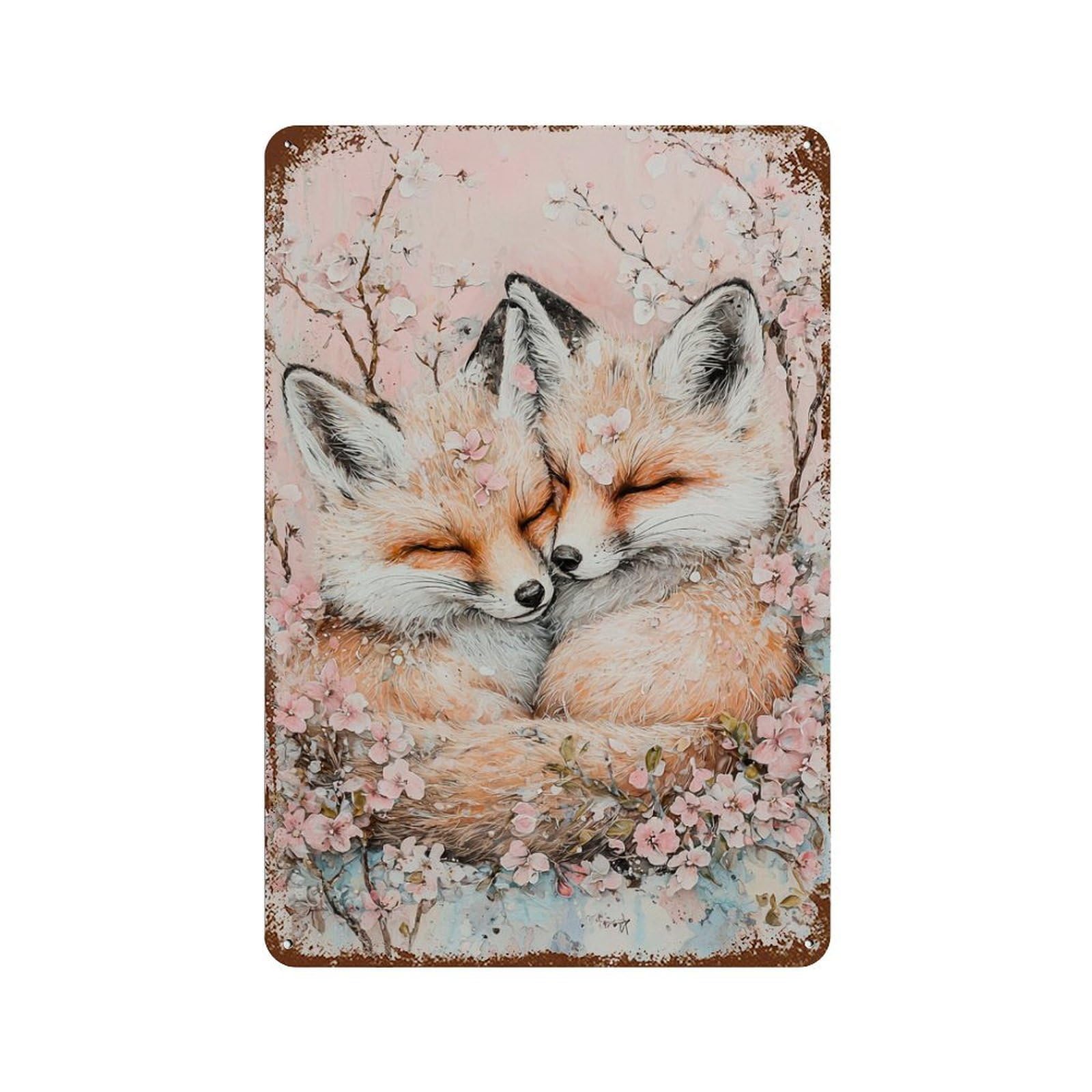 Charming Foxes in Blossoms 11.8"x7.9" Vintage Rust Metal Sign, Shabby Chic Decor for Garage, Bar And Workshop Decor