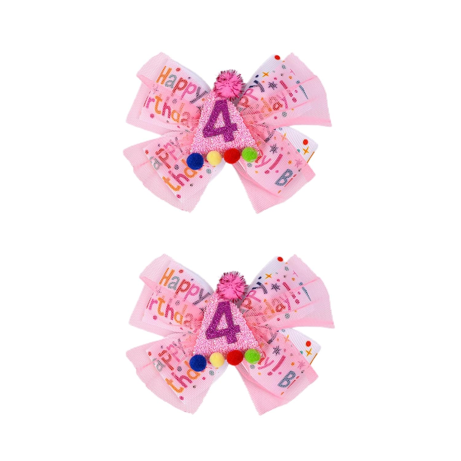 Birthday Hair Clips - 2Pc Pink Glitter Bow Hair Clips with Mesh Material and Colorful Balls for 4th Birthday Baby Bow Party Decorations for Girls Toddlers Hair Accessories (Pink-Mesh-4 Years)